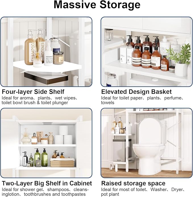 K2 Heavy Duty 7-Tier Over The Toilet Storage Cabinet（With Magnetic Doors & Adjustable Feet）Freestanding Above Toilet Shelf，Space Saver Bathroom Organizer 9.3"D x 31.5"W x 67.2"H，Beige White - Image 6