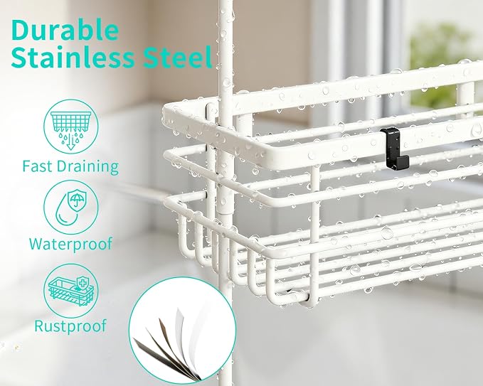 HapiRm Hanging Shower Caddy Organizer - No Drilling Shower Shelves with Hooks and Toothbrush Holder, Rustproof 304 Stainless Steel Bathroom Organizer - White - Image 3