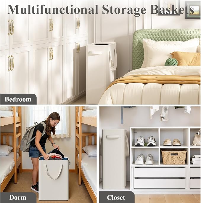 Optish 50L Slim Laundry Hamper, Baby Hamper for Nursery with Handles, Narrow Laundry Basket for Dorm, Bedroom, Living Room, Collapsible Laundry Basket, White - Image 7