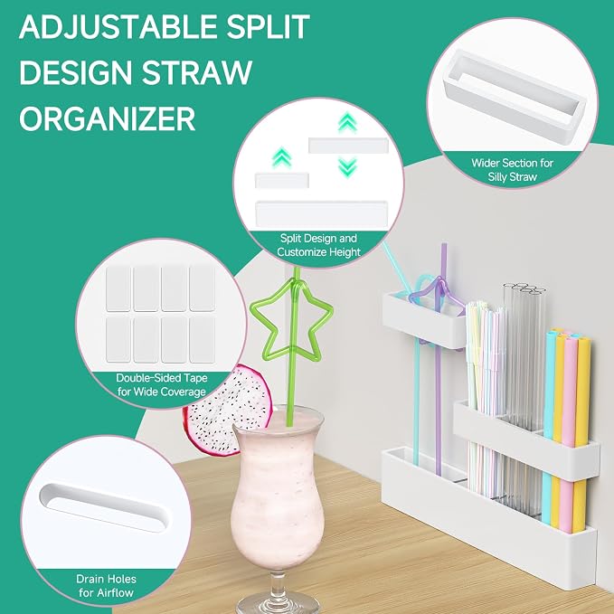Acrylic Straw Organizer for Cabinet Door - 9.5'' Large White Adjustable 3-Part Reusable Drinking Straw Holder Dispenser Kitchen Accessories Container Cupboard Door Mounted - Image 4