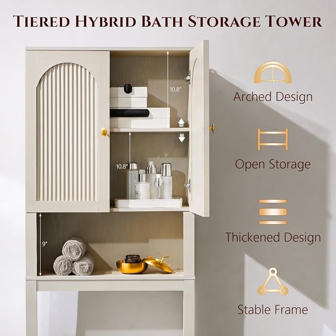 72" Over The Toilet Storage Cabinet, Wood Bathroom Storage Cabinet, Cream - Image 3