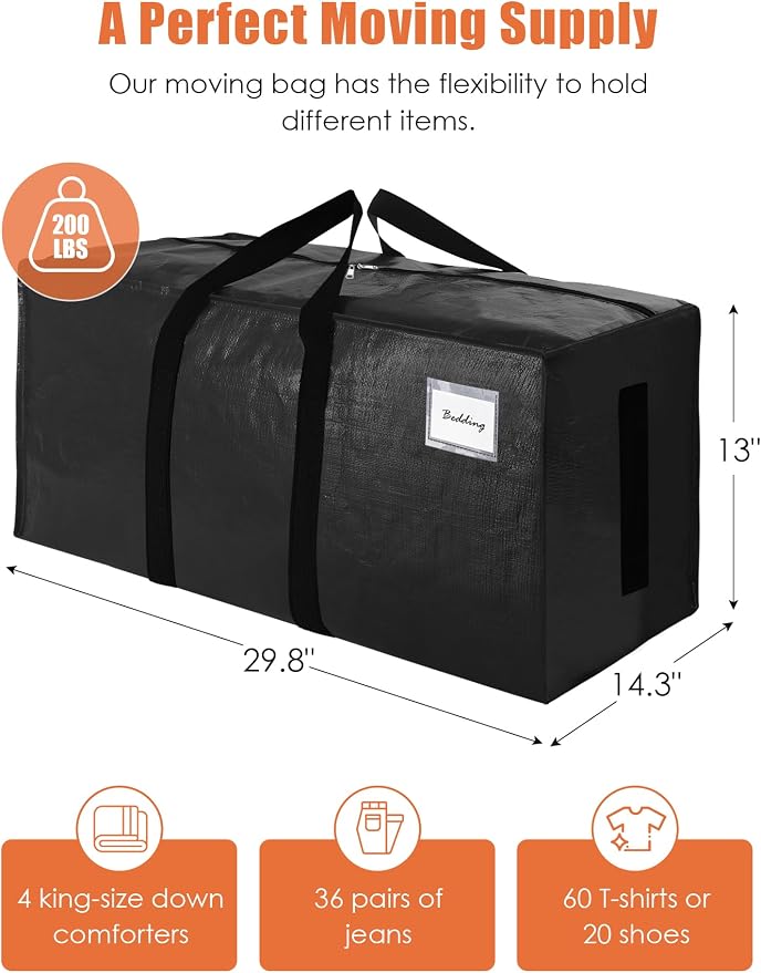 SWEET DOLPHIN 12 Pack 200LB Heavy-Duty Moving Bags with Wrap-Around Handles, Extra Large Storage Totes for Space Saving, Clothes Storage Bags, College Dorm Essentials, Black, 24 Gal - Image 4