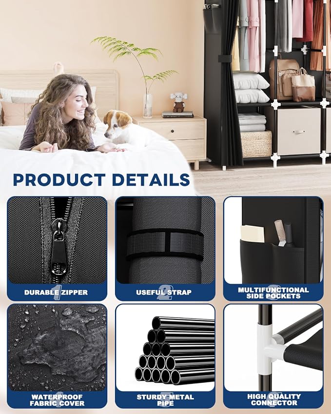 Mavivegue Clothes Organizer with 4 Hanging Rods, Portable Closet Wardrobe, Non-Woven Fabric Cover, Large Capacity Storage for Bedroom and Living Room,Black, 67" W x 17" D x 67" H - Image 3
