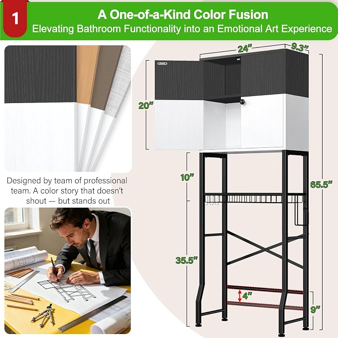 Over-The-Toilet Storage Rack, 4-Tier Bathroom Organizer Shelf Over Toilet with Barn Doors Cabinet and Basket, Freestanding Space Saver Bathroom Shelves with Paper Holder Above Toilet (Black & White) - Image 2