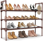 LANTEFUL 3 Tier Shoe Rack for Closet Shoe Organizer with 5 Hooks, Long Shoe Shelf Storage for Shoe and Boot Stackable Free Standing Shoe Rack for Entryway, Garage, Small Spaces, Dorm, Brown by LANTEFULforTidyingHouse