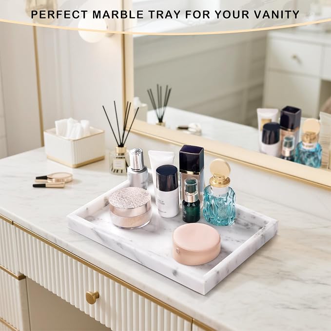 Bathroom Tray for Countertop, Marble Perfume Tray for Dresser Organizer, Marble Tray for Bathroom Counter & Home Decor, Natural Decorative Stone Vanity Trays, 12" x 8", Starry White - Image 5