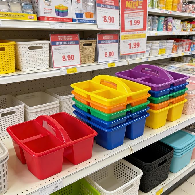 Set of 6 Classroom Caddy, Small Plastic Storage Caddy with Handle, Rainbow - Image 8