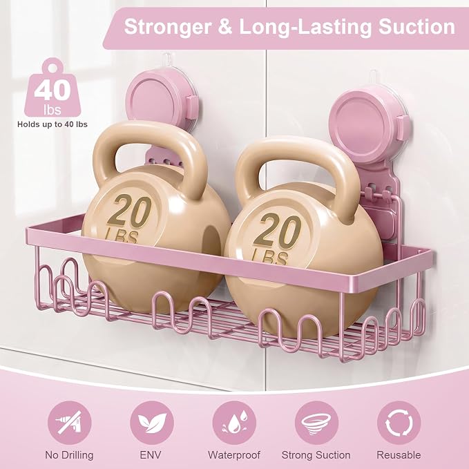 JOTPE Pink Suction Cup Shower Caddy, 2 Pack Bathroom Organizer with Hooks - Image 4