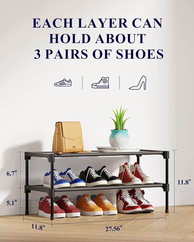 Kitsure Shoe Rack - Non-Woven Shoe Rack Shelf, Shoe Organizer for Closet, Entryway, Garage & Corridor, Stackable Shoe Shelves, 27.5" Wide - 2 Tier, Black | Shoe Organizer for Closet, Entryway, Garage, Stackable Shoe Shelves, college dorm&apartment esse... - Image 2