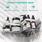 YASONIC Corner Adhesive Shower Caddy, with Soap Holder and 12 Hooks, Rustproof Stainless Steel Bathroom Organizer, No Drilling Wall Mounted Rack, Brushed Silver, 3-Pack - Image 3