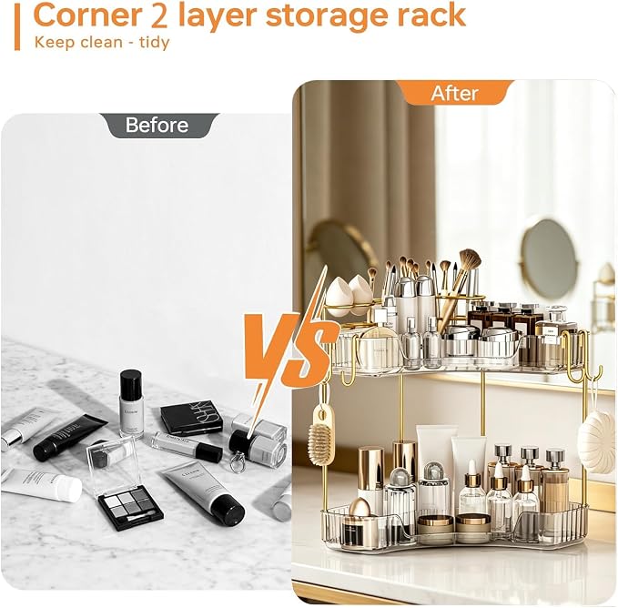 2-Tier Corner Bathroom Counter Organizer，Makeup & Skincare Shelf with Built-in Brush Holder，Space-Saving Bathroom Countertop Organizer for Skincare, Perfume, Cosmetics(Clear) - Image 3