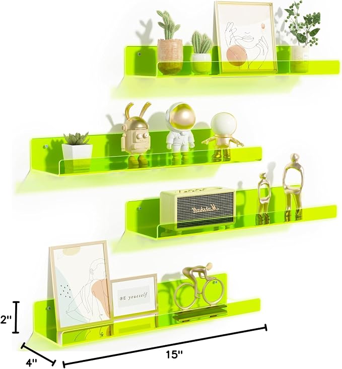 upsimples 4 Pcs 15" Acrylic Shelves for Wall Display, Fluorescent Green - Image 3
