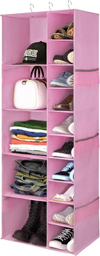 Libeder Shoe Organizer for Closet, 15 Shelf Hanging Closet Storage Shelves - 10 Shoe Rack Organizer and 5 Compartment for Clothes with 6 Side Mesh Pockets for Scarves Socks,Gloves, Pink by Libeder