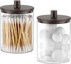 TIPGO Glass Qtip Holder Dispenser for Bathroom - 10 oz Clear Canister Apothecary Jar for Cotton Swabs, Balls, Pads, Floss Picks, Small Containers for Makeup Storage Organizer (2 Pack, Brown) by TIPGO