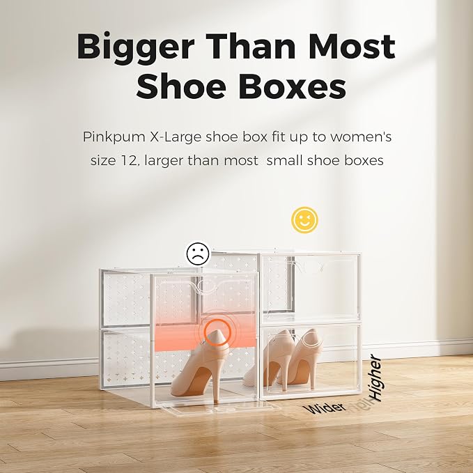 Pinkpum 12 Pack X-Large Shoe Storage Boxes, Shoe Organizer Clear Stackable | Fit US Size 11, 6.2” Height, Shoe Dispaly Case Holder Bins Sneaker Storage for Sneakerheads, For Home and Family, White - Image 5