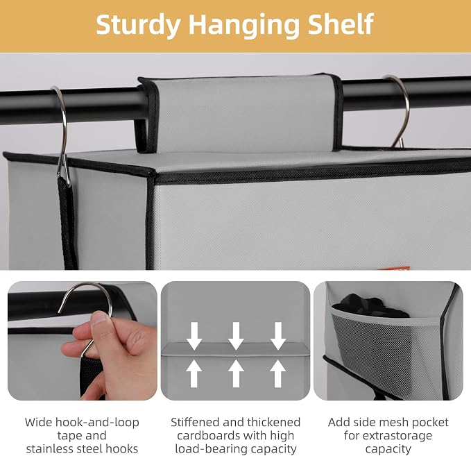 Hanging Closet Organizer 6-Shelf, Upgrade Closet Organizers and Storage with 5 Removable Drawers & 4 Side Pockets, Hanging Shelf Organizer for Bedroom or Garment Rack, 12.6'' x 12.6'' x 44.1'', Gray - Image 5