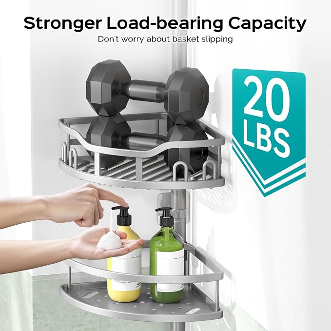 HAMITOR Corner Shower Caddy Tension Pole: Rustproof Stable 4-Tier Bathroom Organizer Shelves for Bathtub Shampoo Storage - 47-121 Inch Quick Install Adjustable Shelf with Soap Rack - Silver Gray - Image 3