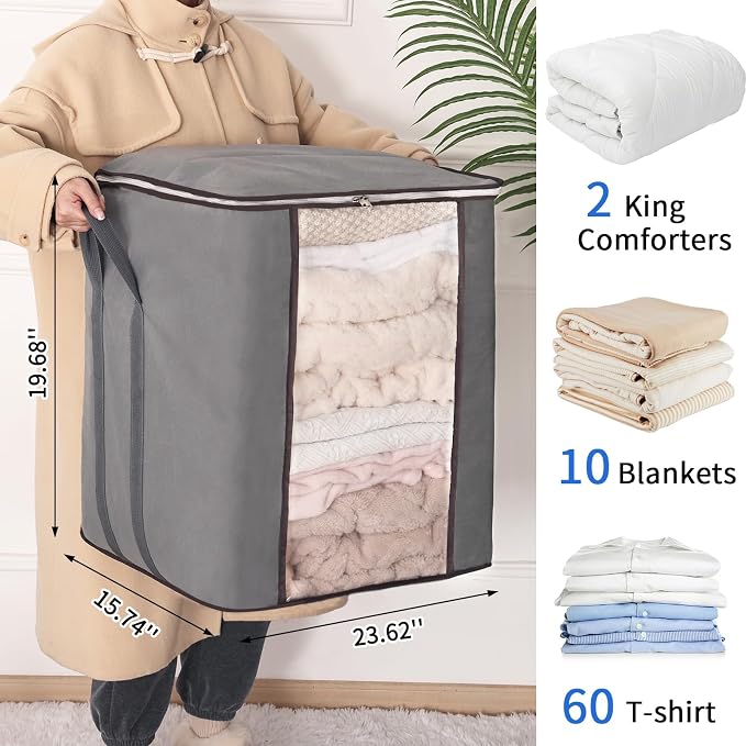 Blanket Storage Bags 120L for Comforter Clothes Bedding Sheet 4 Pack Grey - Image 2