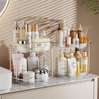 LAMU Rotating Makeup Organizer for Vanity, 10.6in 2 Tier Lazy Susan Turntable Stackable Spinning Skincare Organizer Cosmetic Perfume Tray Display for Bathroom Counterop, Large Capacity, Clear - Image 5