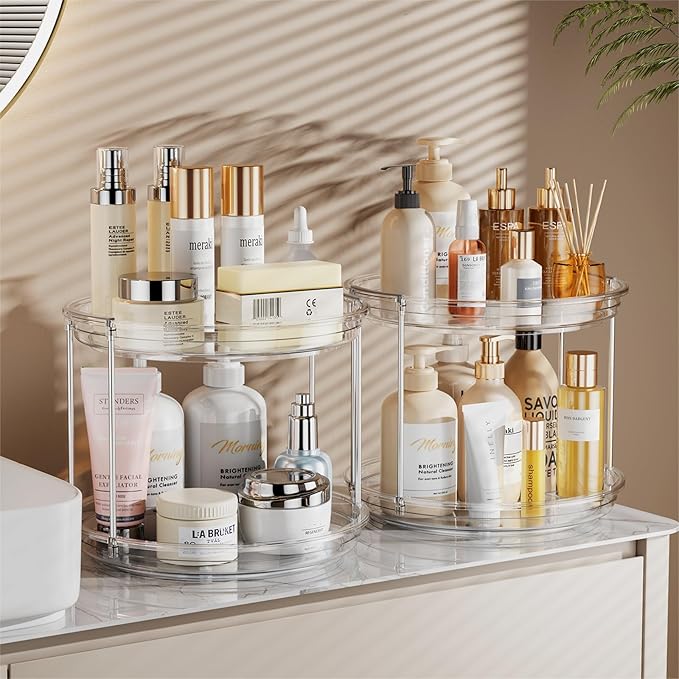 LAMU Rotating Makeup Organizer for Vanity, 10.6in 2 Tier Lazy Susan Turntable Stackable Spinning Skincare Organizer Cosmetic Perfume Tray Display for Bathroom Counterop, Large Capacity, Clear - Image 5