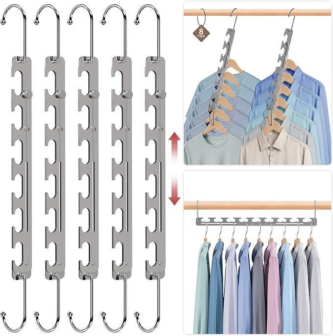 8 Pack Space Saving Hangers for Clothes, 6 to 9 Holes Expandable Heavy Duty Metal Hangers 80 Lbs Capacity, Magic Smart Hanger Closet Space Saver, Closet Organizers and Storage by Liangmall