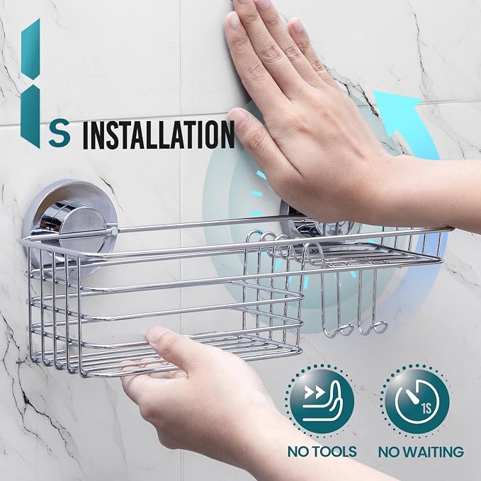 TAILI Shower Caddy Suction Cup with Hooks & Soap Holder, Silver - Image 2