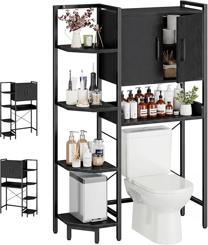 K2 Heavy Duty 7-Tier Over The Toilet Storage Cabinet（with Magnetic Doors & Adjustable Feet） Freestanding Above Toilet Shelf，Space Saver Bathroom Organizer 9.3" D x 31.5" W x 67.2" H，Black by Roxibelt