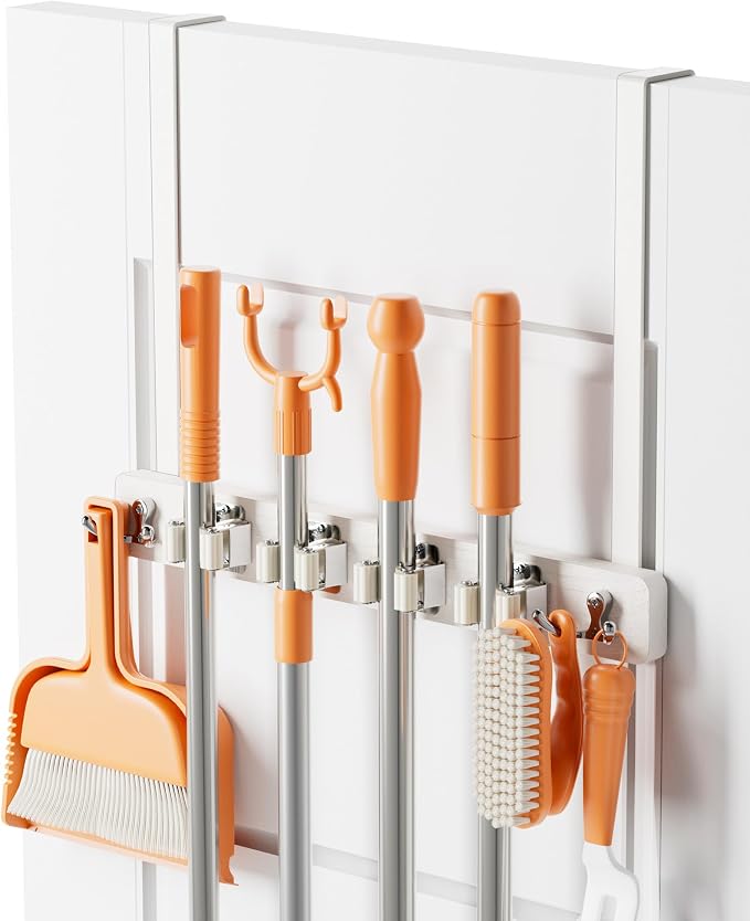 Mop and Broom Holder Wall Mount, No Drill Over the Door, White by Vosturdy