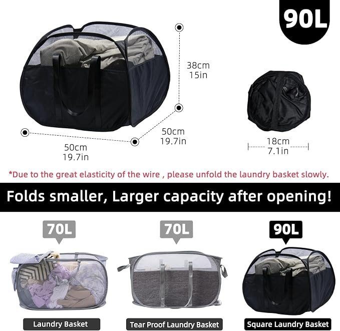 Collapsible Laundry Basket, 90L Tear Proof Mesh Pop-up Hamper 2PCS - Image 2