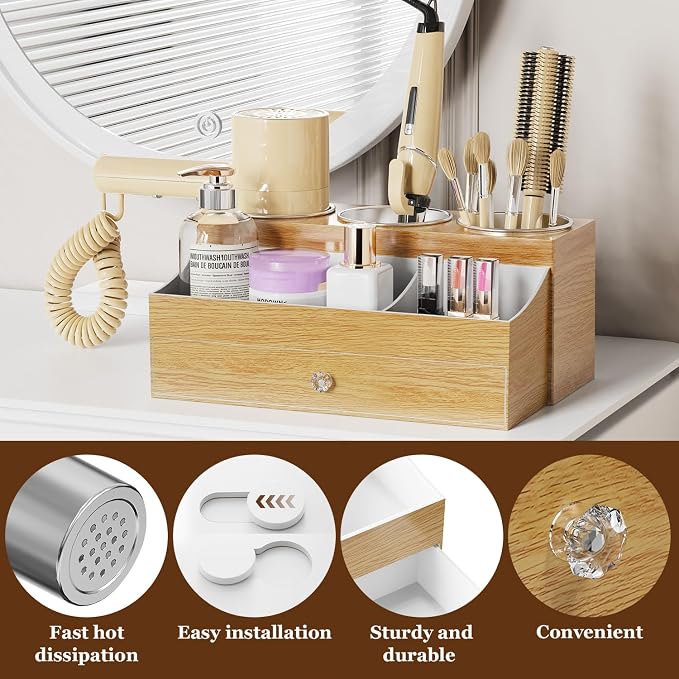 GFWARE Hot Hair Styling Tool Organizer with Drawer & 3 Cooling Cups, Wood - Image 4