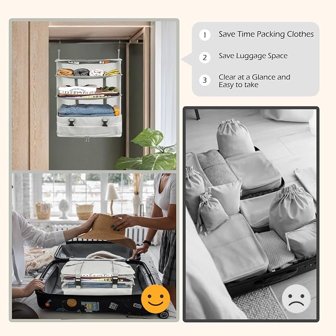 Surblue Hanging Closet Storage Bag Collapsible 3-Shelf Washable Oxford Fabric with 2 Hooks (XL 17.71 * 11.81 * 20in, Light Gray) - Image 5