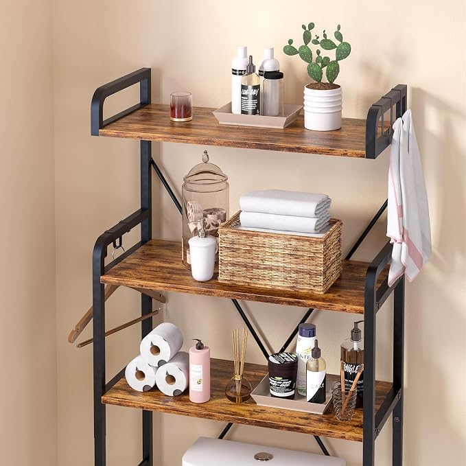 Huhote Over The Toilet Storage Rack with 3-Tier Bathroom Shelves, Space Saver Toilet Shelf, Bathroom Storage Organizer with Hooks for Over Toilet Storage and Shelf (Rustic Brown) - Image 5