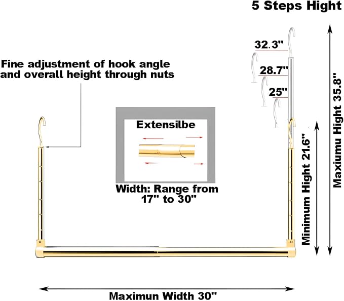 Adjustable Hanging Closet Rod, Extender Hanging Rod, Closet Hanging Organizer, Heavy Duty Closet Bar, Hanging Rod (Gold, 1 Pack) - Image 4