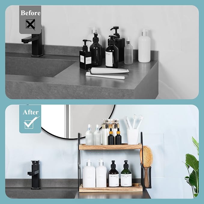Uneviesyka Bathroom Counter Organizer, 2-Tier Standing Storage Shelf with Basket, Wood Tray for Skincare Vanity Organizer - Image 6
