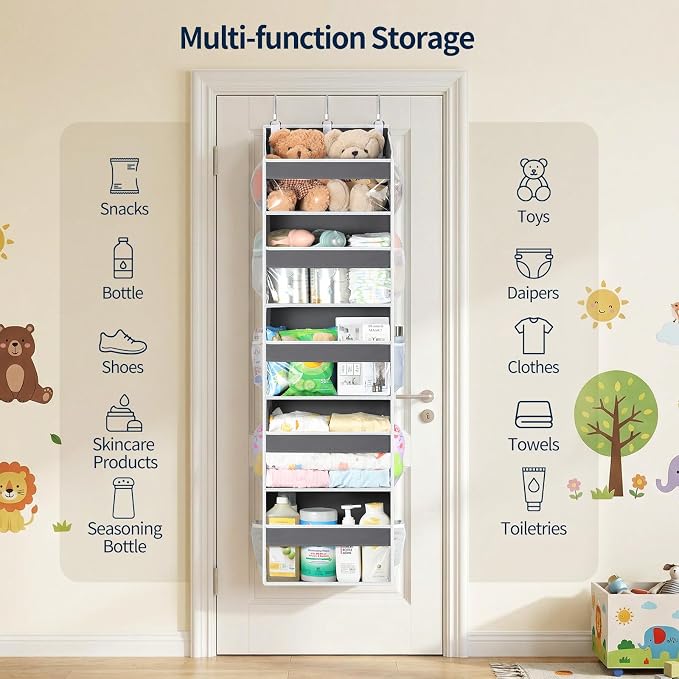 Yecaye 5 Tier Clear Over the Door Organizer Hanging, 5 Large Plastic Pockets and 10 Side Pockets Back of Door Organizer, 56lbs Weight Capacity Behind the Door Storage for Nursery, Deep Gray - Image 7