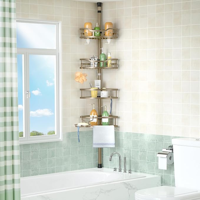 HAMITOR Shower Caddy Corner Tension Pole Adjustable No-Drill Bathroom Shelf - Image 2