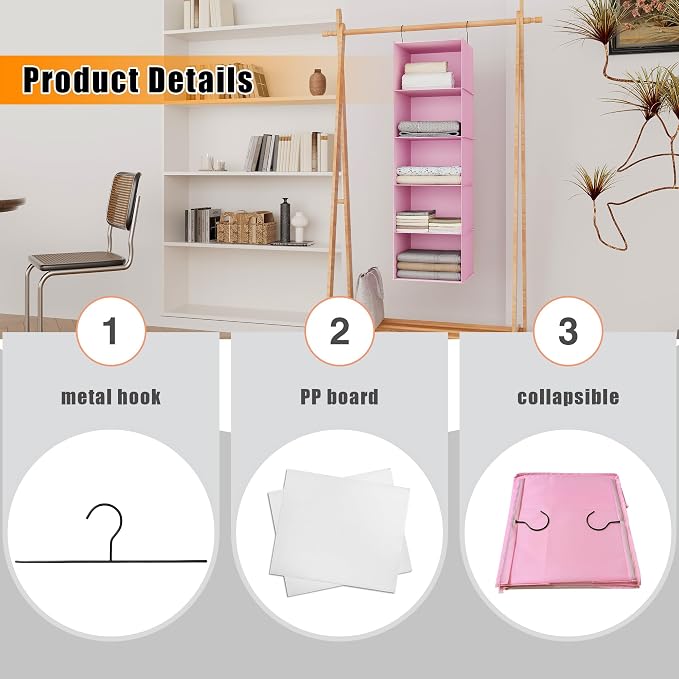 Hanging Closet Organizer 5-Shelf, Oxford Fabric Wardrobe Storage, Pink | Easy-mount foldable design holds clothes, handbags, shoes & accessories; washable Oxford fabric, sturdy and space-saving. - Image 6