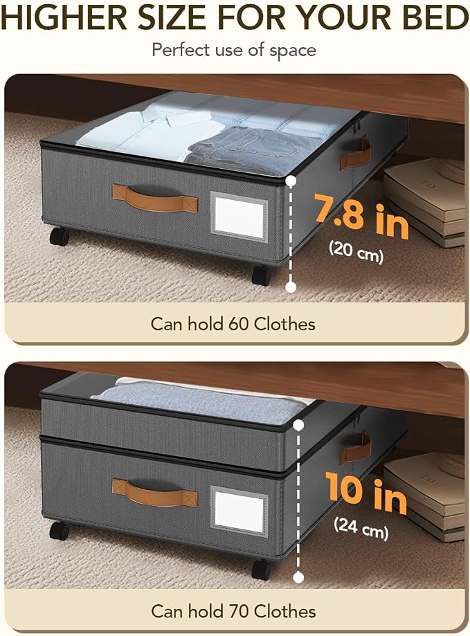 Under Bed Storage with Wheels, 10 inches Under Bed Storage Containers, 65L XXL Large Adjustable Underbed with Lids, Rolling Underbed Storage bins for Shoes, Clothes, Blankets, Grey - Image 3