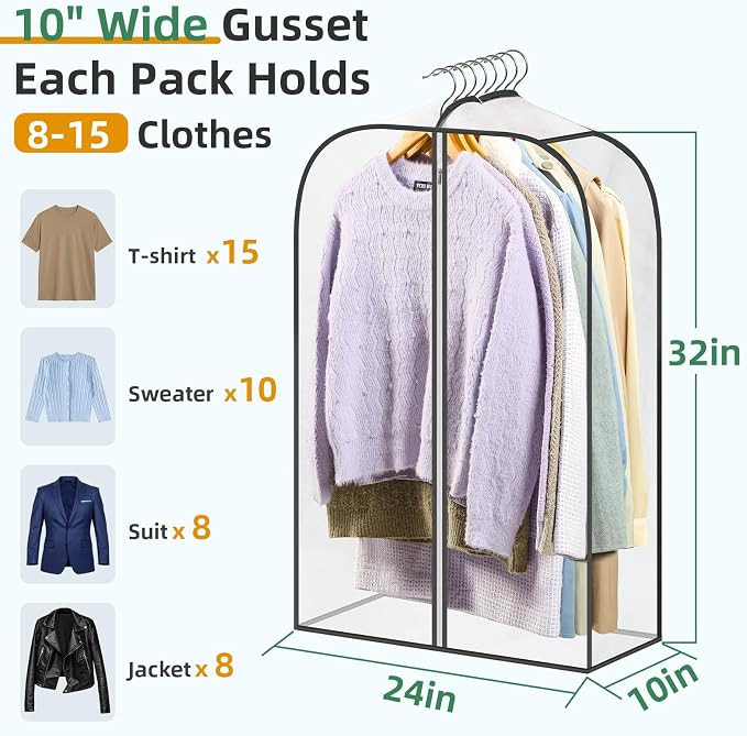 LANDNEOO 6 Pack Clear Garment Bags for Hanging Clothes with Zippers on Double Sides - 10'' Clothes Storage for Coat, Dress, and Fur in Closet - 32'' Long Suit Bags - Image 2