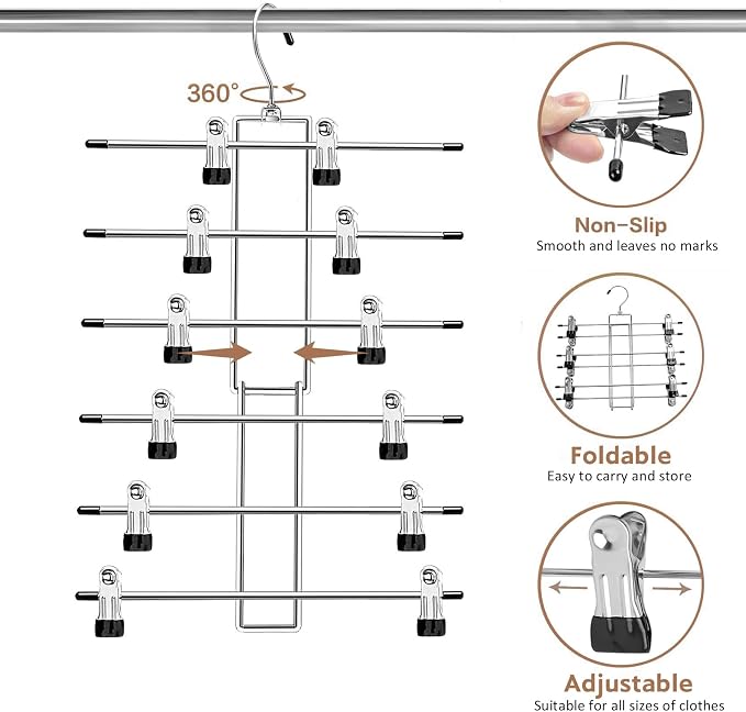 Pants Hangers with Clips,Space Saving Hanging Closet Organizer-6 Tiers Skirt Hangers with 360° Swivel Hook,Closet Organizer-Clothes Hangers- College Dorm Essentials Apartment Essentials- 4 Pack - Image 6