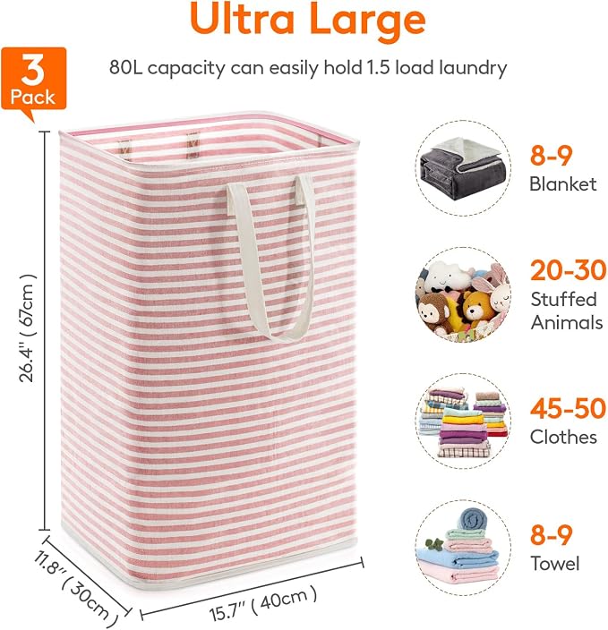Lifewit 80L Large Laundry Baskets, 3 Pack, Reinforced Handles, Pink | Collapsible Laundry Hamper, Dirty Clothes Hamper, Waterproof Freestanding Design for Dorm, Laundry Room, Bedroom, Bathroom - Image 4