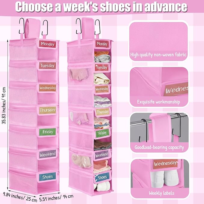 2 Pack 7 Shelf Weekly Clothes Organizer Hanging Closet for Kids with Side Pockets Weekday Shoes Rack Weekly Clothes Organizers Monday Through Weekend Foldable Storage Shelves(Pink) - Image 2