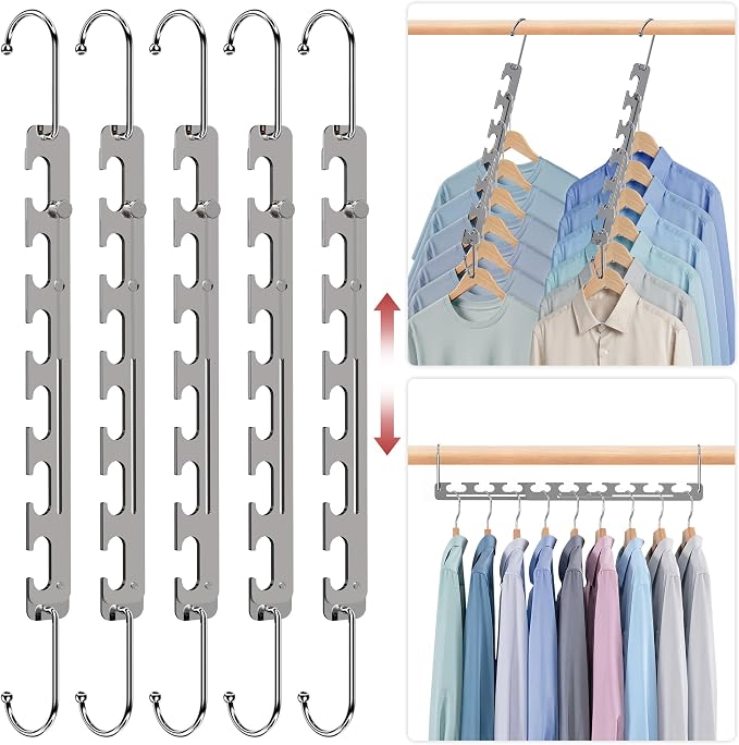 5 Pack Space Saving Hangers for Clothes, 6 to 9 Holes Expandable Heavy Duty Metal Hangers 80 Lbs Capacity, Magic Smart Hanger Closet Space Saver, Closet Organizers and Storage by Liangmall