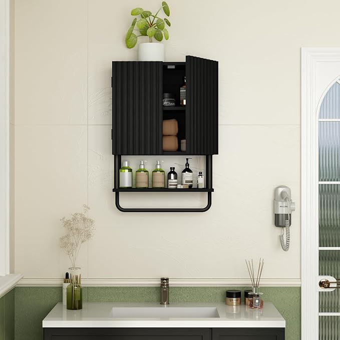 RUSTOWN Fluted Bathroom Wall Cabinet with 2 Doors, 3-Tier Medicine Cabinet - Image 6