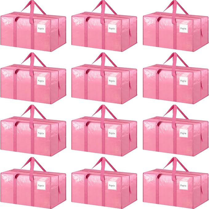 12 Pack Extra Heavy Duty Large Moving Bags with Strong Zipper, Pink | Comfortable Handles, Sturdy & Durable Clothes Storage Bags Totes Bins, Blue Packing Moving Boxes for College Supplies by Fygrip