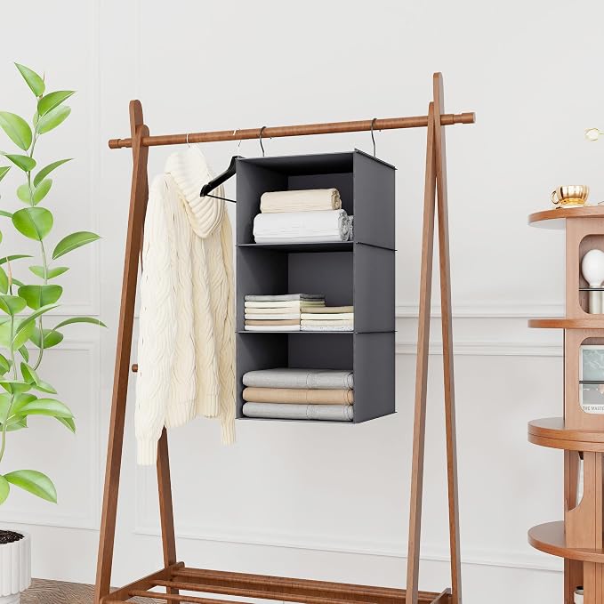 Hanging Closet Organizer 3-Shelf, Oxford Fabric Wardrobe Storage, Dark Gray | Easy-mount foldable design holds clothes, handbags, shoes & accessories; washable Oxford fabric, sturdy and space-saving. - Image 2