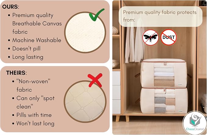 Chaos Cleared Canvas Storage Bags Designer Organizer for Comforters 2 Pack – Seasonal Storage for Pillows, Blankets, Linens & Garments – Foldable Design with Zip & Window, Moth-Proof Space Saver - Image 4