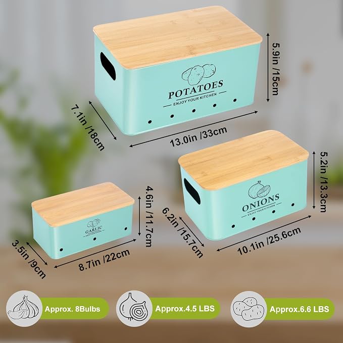 Kitchen Vegetable Storage Set of 3, Metal Onion Garlic Potato Storage Set, Kitchen Canisters Vegetable Keeper Containers with Aerating Holes and Bamboo Lid，Blue - Image 4