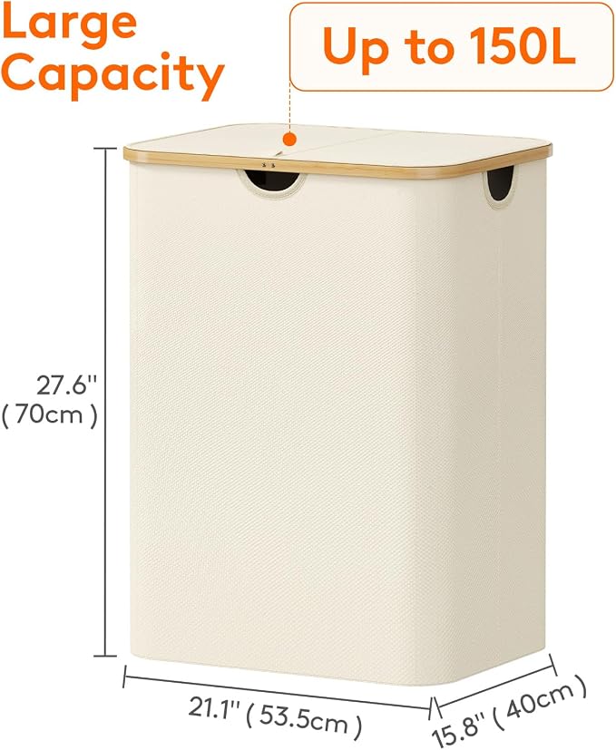 Lifewit 150L Large Laundry Basket with Lid, 2 Removable Bags, White - Image 4