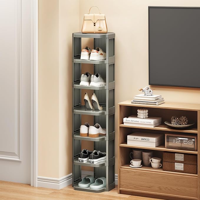 Kitstorack 5-Tier Vertical Plastic Shoe Rack, Freestanding Stackable Shoe Storage Organizer Cubes Shoe Shelf Tower or Small Closets and Tight Spaces, Gray - Image 9